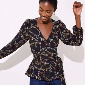 LOfT Flower Garland wrap blouse black floral S